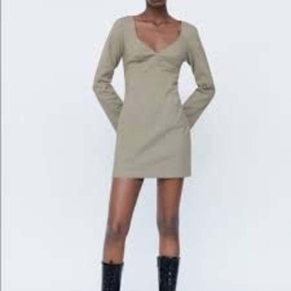 Zara Tan Long Sleeve Mini Dress with Seams Size S